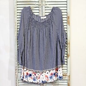 TERRA & SKY GINGHAM FLORAL AZTEC TUNIC Size 1X Blue Ruffle Bell Sleeve Flowy Top